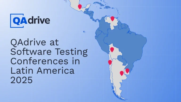 Map of Latin America with pins marking software testing conferences in Latin America in 2025 where QAdrive participates, featuring the QAdrive logo